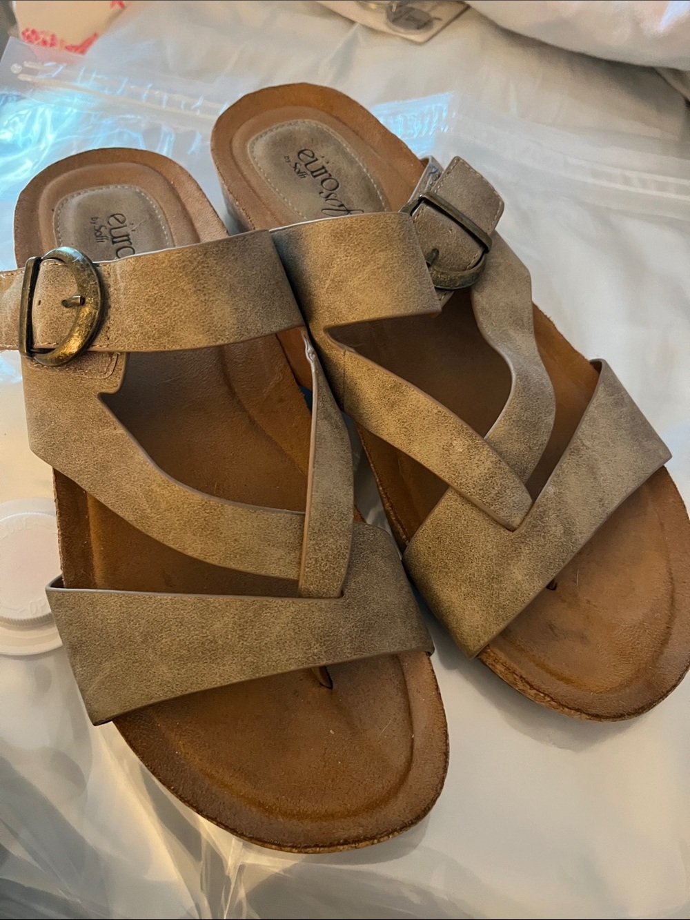 Sofft Taupe Strappy Buckle Sandals